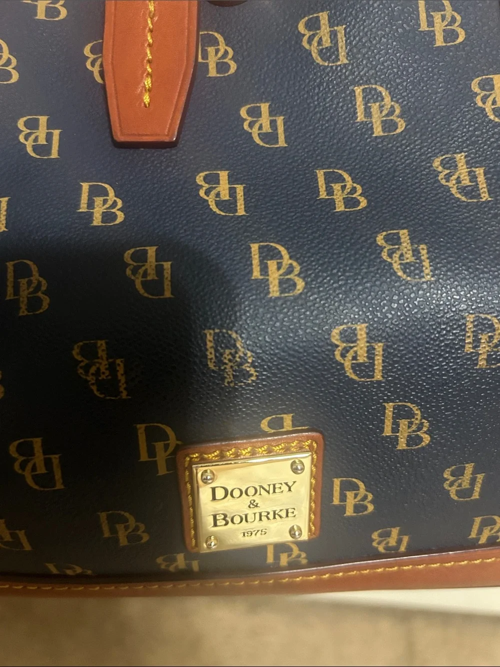 Dooney & Bourke Navy Logo Satchel with Brown Trim